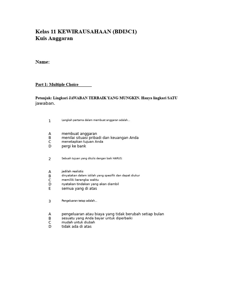 Kuis Anggaran Kewirausahaan Kelas 11 PDF