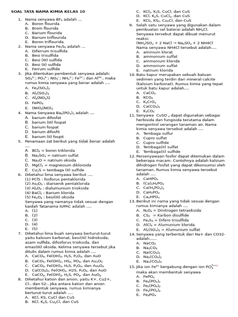 Soal Tata Nama Kimia Kelas 10 PDF