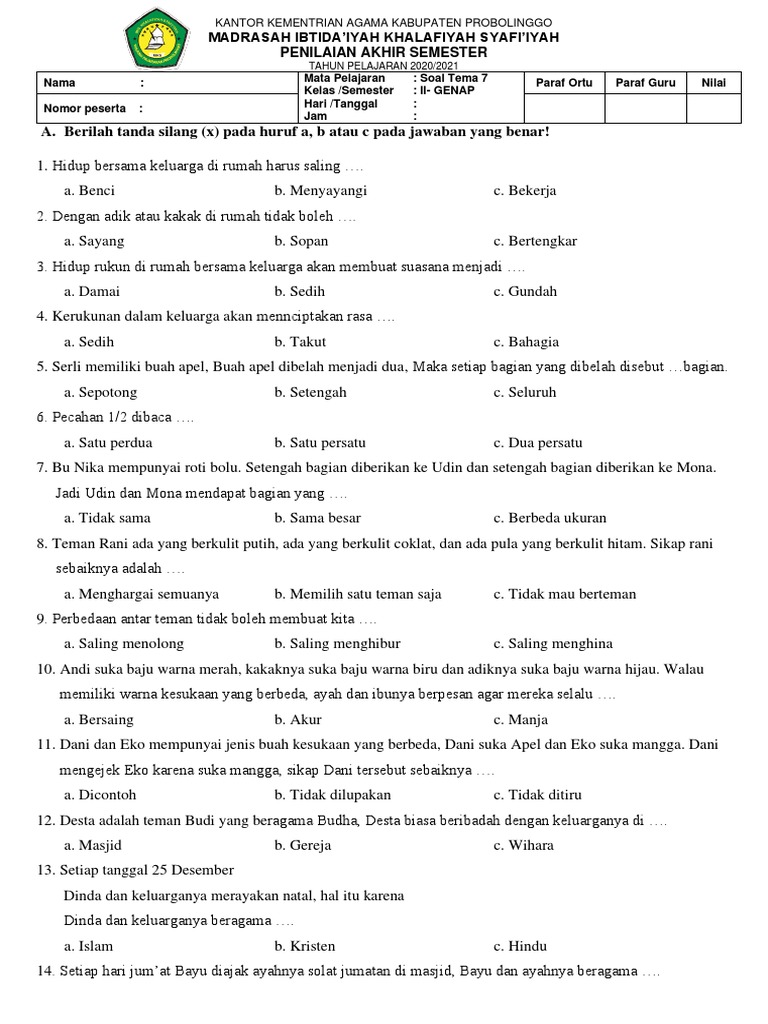Asah Kemampuan Anak Download Latihan Soal Tema 7 Kelas 2 SD untuk