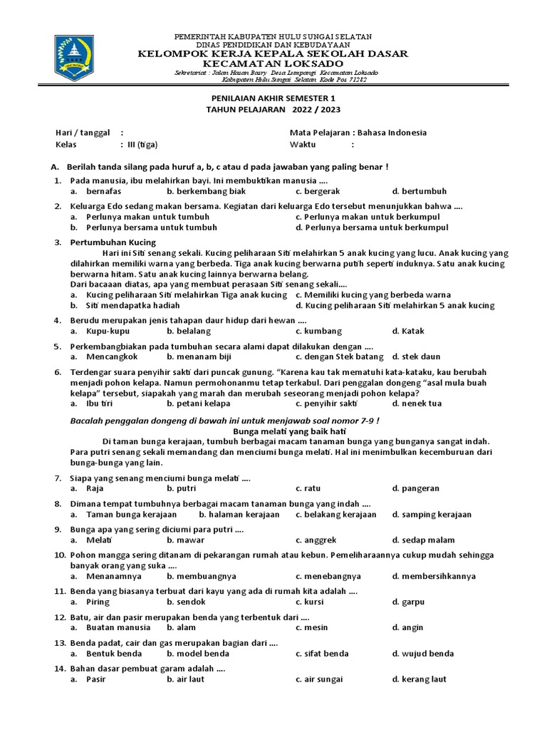 Soal Bahasa Indonesia Kelas 3 Semester 1 PDF Soal Bahasa Indonesia Kelas 3 Semester 1 PDF
