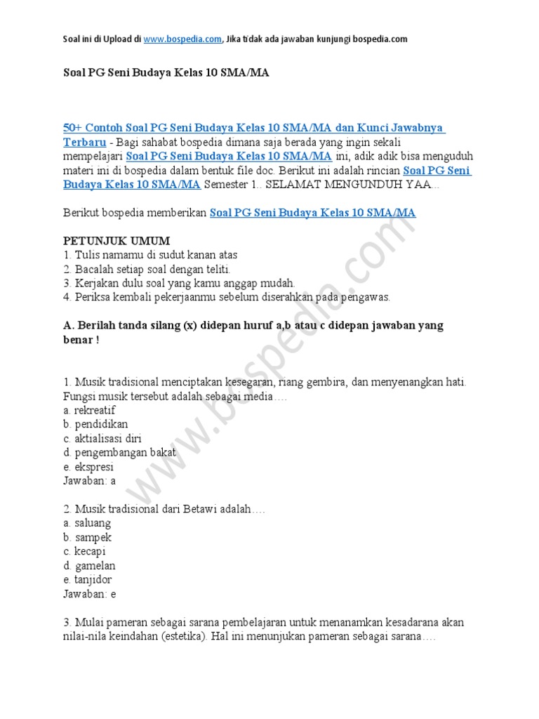 7 Contoh Soal Seni Budaya Kelas 10 Semester 1 Kurikulum 13 yang Wajib Tahu Sebelum Ujian