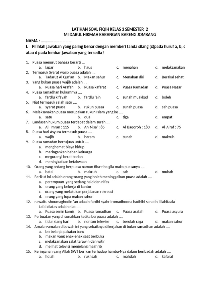 Soal Fiqih Kelas 3 Semester 2 PDF Soal Fiqih Kelas 3 Semester 2 PDF