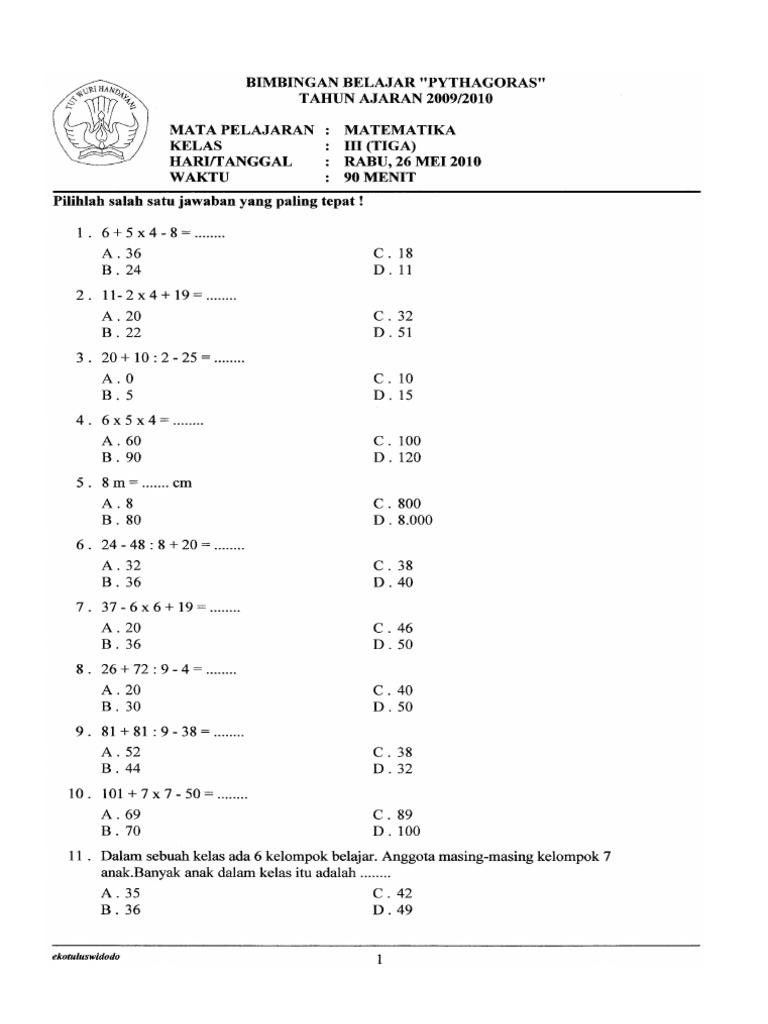 Ternyata Ini Kunci Jawaban Soal Matematika Kelas 3 SD Semester 1 Kurikulum 2013 PDF yang Sering Bikin Bingung