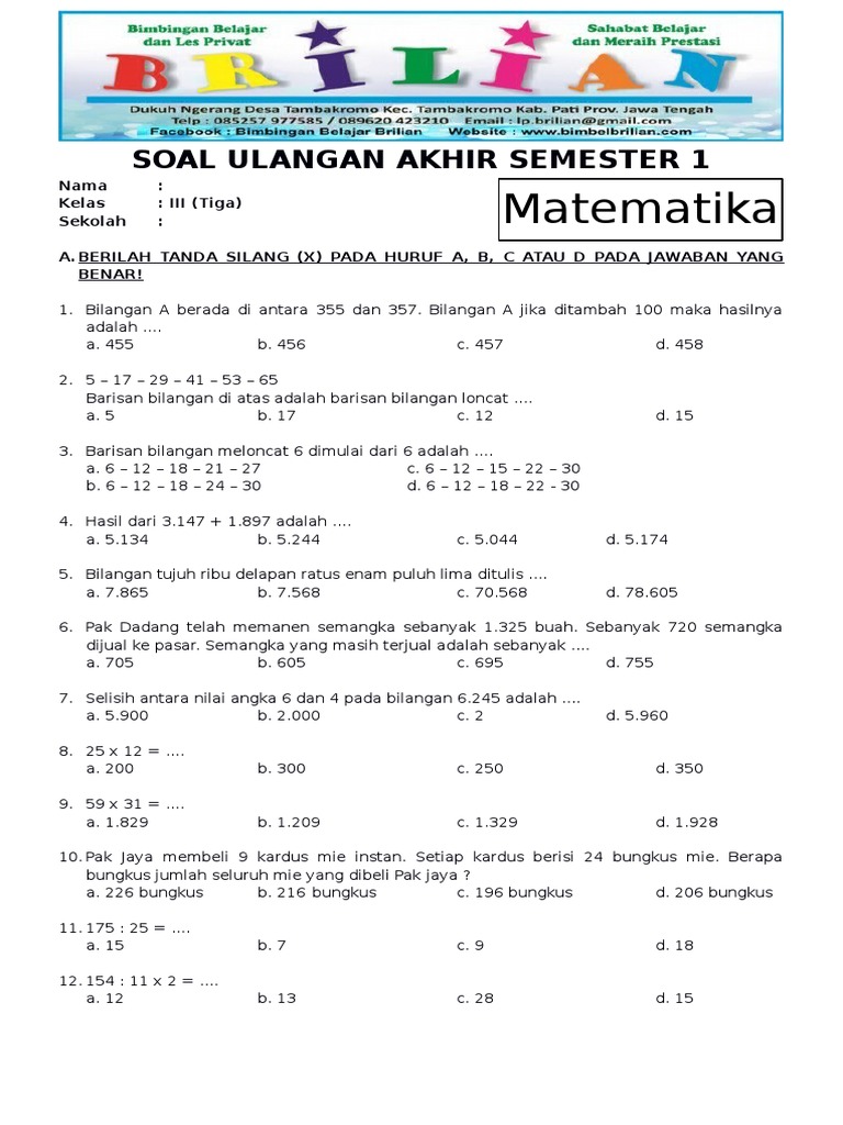 Ternyata Ini Rahasia 30 Soal Matematika Kelas 3 SD Semester 1 PDF yang Sering Bikin Nilai Turun Ternyata Ini Rahasia 30 Soal Matematika Kelas 3 SD Semester 1 PDF yang Sering Bikin Nilai Turun