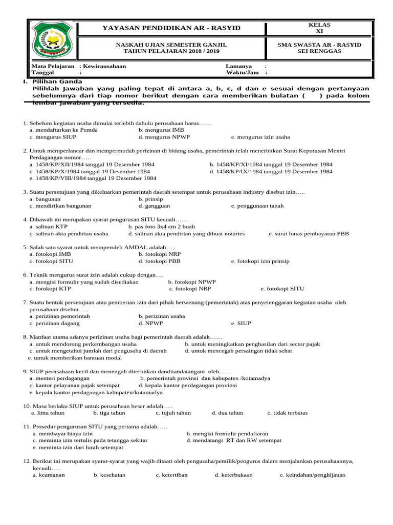 Ujian Kewirausahaan Kelas XI 2018 2019 PDF