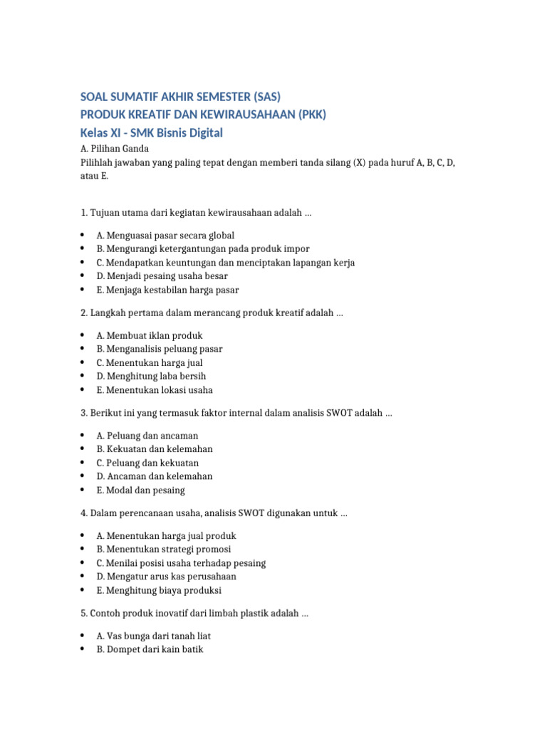 Soal Kewirausahaan Kelas XI SMK PDF Soal Kewirausahaan Kelas XI SMK PDF
