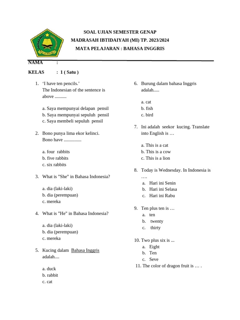 Wajib Tahu 3 Rahasia Cara Cepat Jawab Soal Bahasa Inggris MI Kelas 1 Agar Nilai Sempurna
