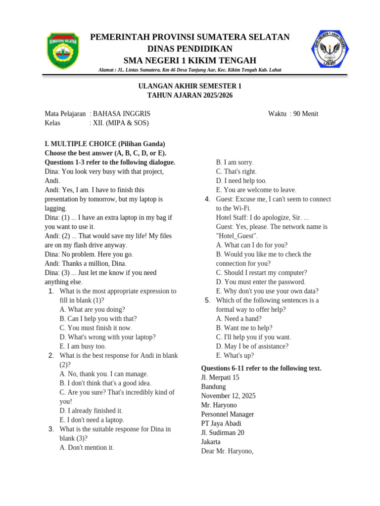 Wajib Tahu Bocoran Soal Bahasa Inggris Kelas XII Semester 1 Sumatera Barat Terbaru
