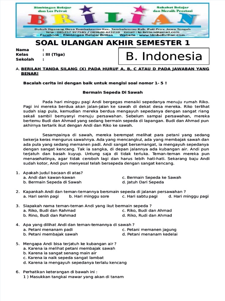 soal pas kelas 3 semester 1 pdf